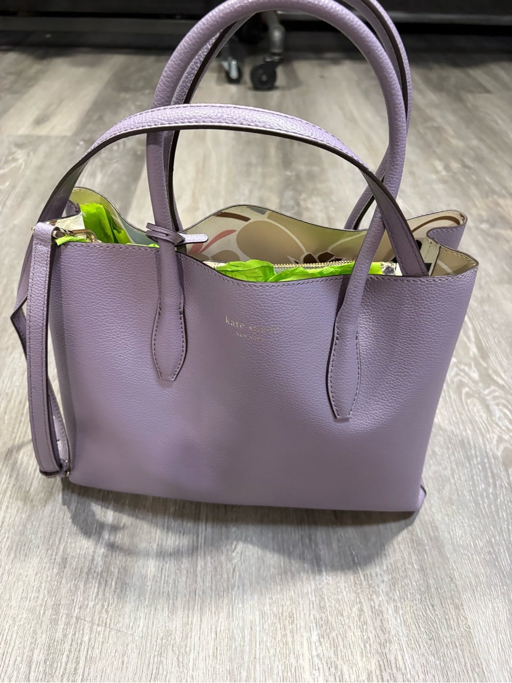 kate spade lavender leather tote with neon green interior